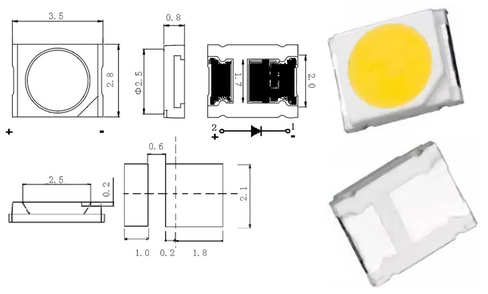 Светодиод SMD 6V 1W (6.4-6.6V 150mA max175) 3528 2835 96LM холодный белый, 01.JT.2835BPWS2-C, LED